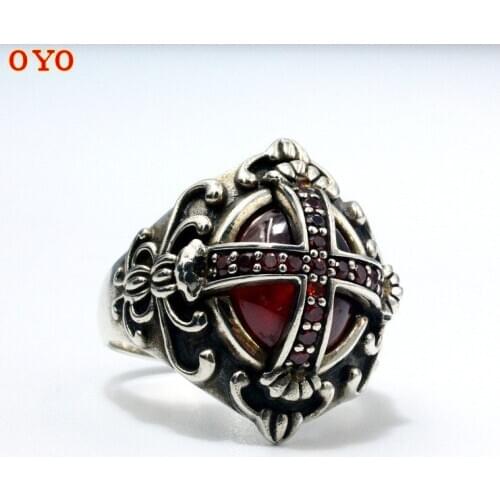 925 Sterling Silver Hand Inlaid Ruby Domineering Tough Guy Gothic Vampire Ring