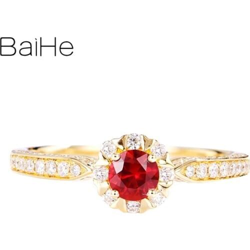 BAIHE Solid 14K Yellow Gold Round 0.25ct Natural Ruby 0.31ct Natural Diamonds Wedding Women Trendy Fine Jewelry Round Ruby Ring