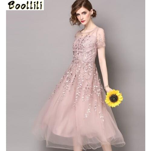 Boollili Vintage Elegant Lace Dress Women Clothes 2020 Summer Mesh Embroidery Party Pink Dress Women Dresses Bridesmaid Vestidos