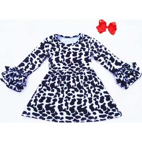 Kids Winter dress black white cows pattern clothes children boutique long ruffle sleeve girls milksilk dresses match with bow