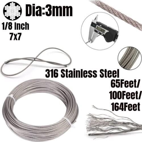 316Stainless Steel Aircraft Wire Rope Deck Cable Railing Kit 7x7 3mmDia For Indoor or Outdoor Application 65Feet/100Feet/164Feet