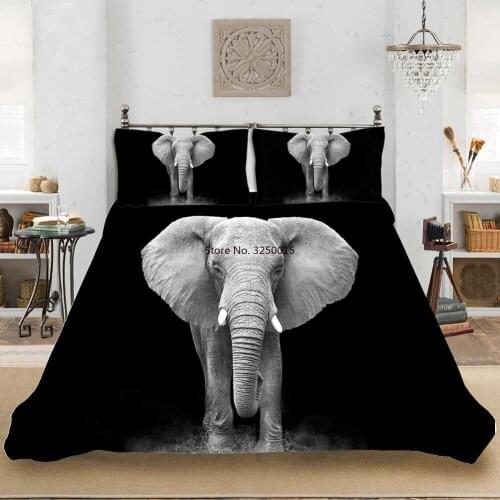 Gray Elephant Duvet Cover Set 2/3PCS Microfiber Home Bedding Set Pillowcase Double Queen King Size Black Background Bed Cover
