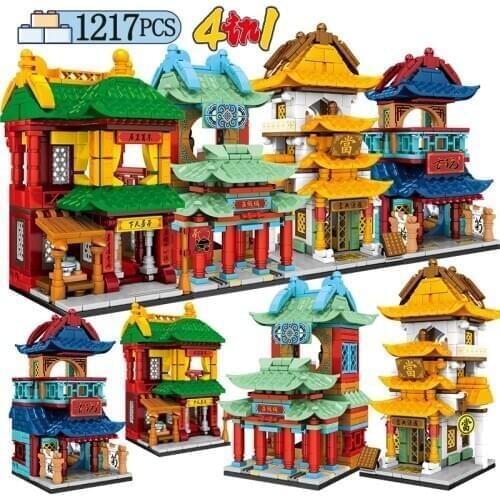 SEMBO City Street View Chinese Style Antique House Building Blocks Teahouse Shop Architecture Bricks Toys For Children