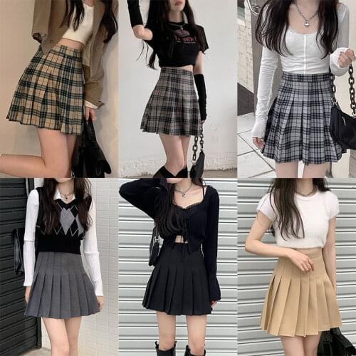 Short Skirt Female Summer Sweet and Cool High Waist Thin Skirt A-line Skirt Bag Hip Hot Girl Black Pleated Skirt Plaid Skirt