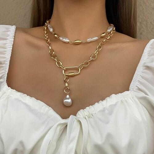 Lifefontier Vintage Layered Irregular Pearl Chains Necklace Geometric Metal Pearl Pendant Necklaces for Women Punk Jewelry 2021