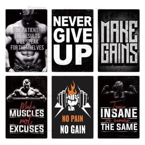 Gym Sign Metal Poster Never Give Up Plaque Wall Decor for Man Cave Gym Fitness Centre Decorative Tin Plate Iron Painting 20*30cm