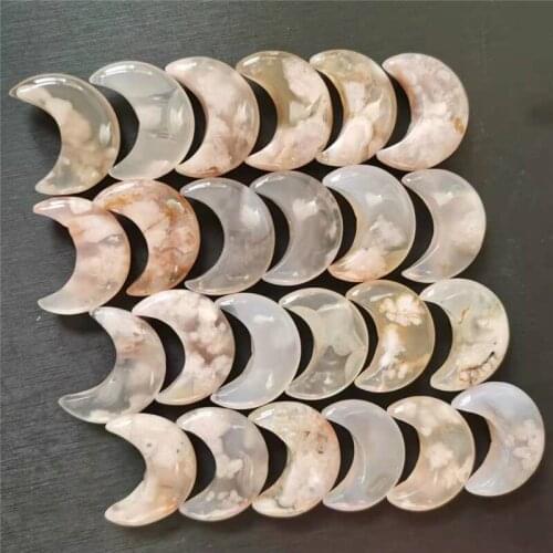 Natural Cherry Blossom Agate Moon-Shaped Crystal Flower Agate Quartz Gemstone Healing Stone Mineral Ornaments Home Decor