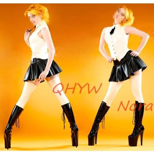 New Latex Women Dress White and Black Sleeveless Skirt with Button Size XXS-XXL