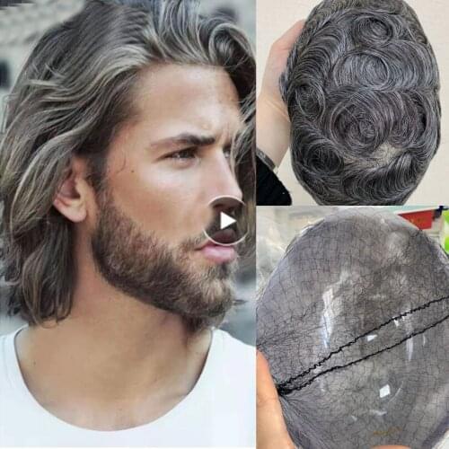 Darker Grey Toupee Men Wig Handmade Replacement Systems PU Transparent Thin Skin 0.06-0.08mm Indian Natural Remy Hair 6inch