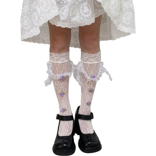 Japanese Lolita Gothic Sexy Hollow Out Over Calf Long Socks Love Heart Patterned Ruffles Lace Top Elastic Sweet Student