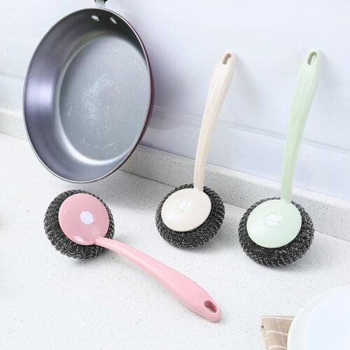 Wire Ball Brush With Long Handle Pan Cleaning Brush Dish Handle Washing Brush Stainless Steel Wire Ball Kitchen Cleaner