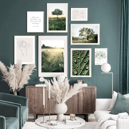 Morning Sunrise Grass Tree Nordic Canvas Painting Sunlight Nature Landscape Poster Wall Art Print Scandinavia Decoration Picture