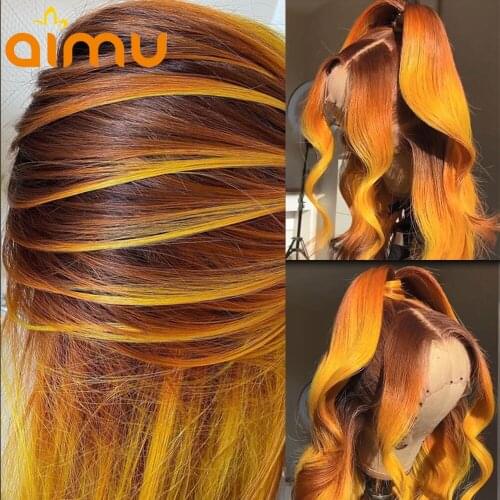 Highlight Ginger 13x6 Closure Lace Front Wigs Ombre Orange HD Lace Frontal Human Hair Wigs Pre Plucked Baby Hair Wig For Women