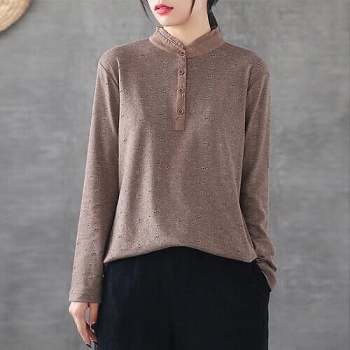 Flower Print Tee Shirt All-Matched Casual Femme Tops Spring Korea Fashion Women Long Sleeve Stand Collar Tshirt 95% Cotton