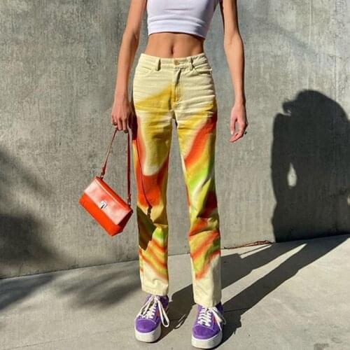 Harajuku Tie Dye Y2K women Trousers autumn 2021 High Waisted zipper Skinny Straight casual slim Streetwear Vintage Ladies pants