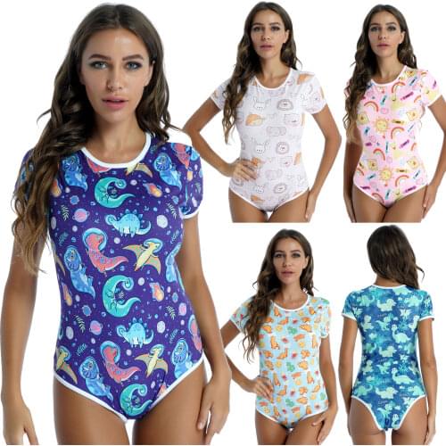 Summer Swimwear Women Cute Cartoon Print Skinny Swimsuit Beachwear Bodysuit Round Neck Short Sleeve Bikini Jumpsuits Nightwear