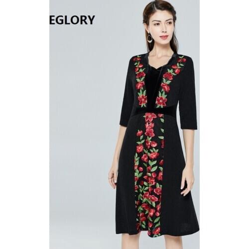 Elegant 1950s Style Dress 2020 Spring Summer Plus Size Clothing Women Red Flower Green Leaves Embroidery Dress Extra Large 4XL