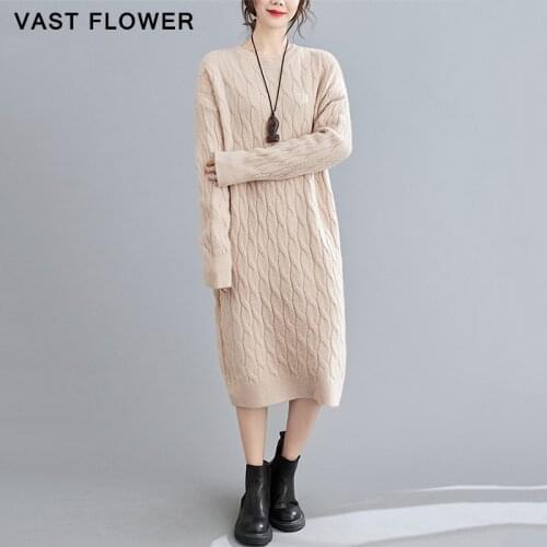 Plus Size Knitted Vintage Dress Women Round Neck Long Sleeve Loose Casual Vestidos Clothes Autumn Winter Sweater Dresses 2020