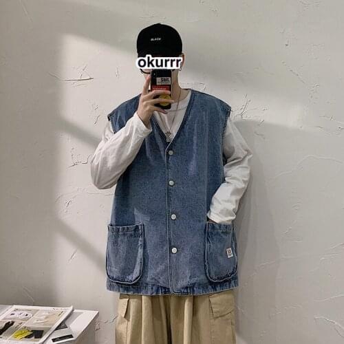 Spring Autumn Mens Retro Denim Vest Korean Fashion Trend Male Outerwear Light Blue Sleeveless Loose Couple Tops Mens Waistcoat