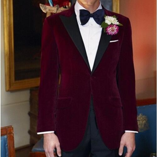 2017 Royal Blue Velvet Groom tuxedo jacket men Black Lapel Mens Blazer Slim Fit Suit burgundy Wedding Suits for men With Pants