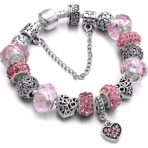 2017 HOT Pink Heart Flower Crystal Charm Pendant Bracelets & Bangles Antique Eiffel Tower Crown DIY Beads Bracelet Gift