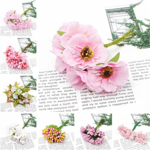 6/10/12/50/60/70/90/144/288pcs Mix pink Flower Cherry Stamen Berries Bundle DIY Christmas Wedding Cake Gift Box Wreaths Decor