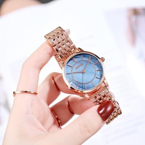 ANANKE Women Watch Hardlex Simple Shell Dial Stainless Steel Mesh Strap Japanese Movement Ladies Quartz Wristwatch AN34