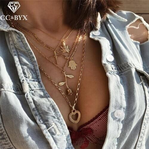 CC Gold Necklace Pendant Chain Choker Stainless Steel Statement Necklaces Leaf Heart Shape Fashion Jewelry 5pcs sets Diy YH131