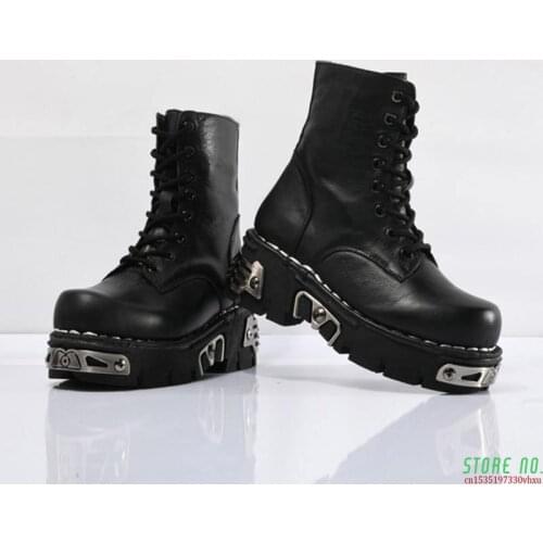 Black Punk Style Platform Mens Ankle Boots Lace Up Zipper Autumn Winter Motorcycle Boots For Man Goth Chunky Shoes Metal Decor