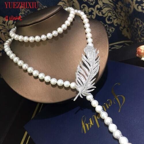 Hot sale white gradient Natural 8-9mm Fresh water pearl feather clasp long sweater chain necklace 32inch