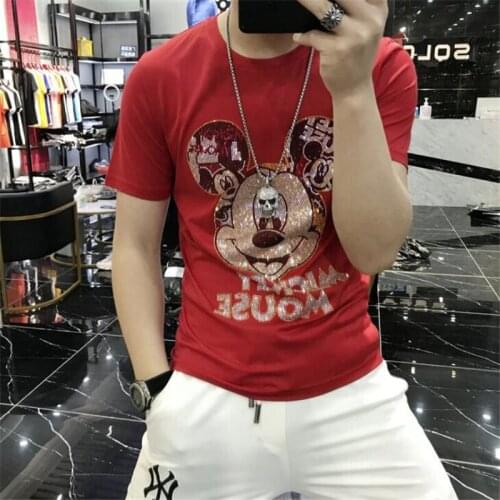 Disney Mickey Mouse Hot Diamond T-shirt Mens Clothing Summer Short Sleeve T-Shirt Cartoon Tee Tops Fashion Large Size Tshirts