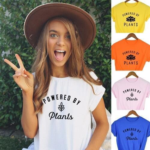 Powered By Plants Women T Shirt Round Neck Vegan Gift Shirts Graphic Tee Garden Vegetable Tumblr Clothing Hipster Harajuku Tops