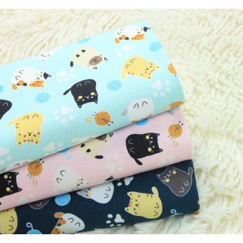 Half Yard Import Cotton Linen Fabric Retro Cloth Cute Cat Thread Ball Print Fabric For Handmade DIY Patchwork Bag Telas A711
