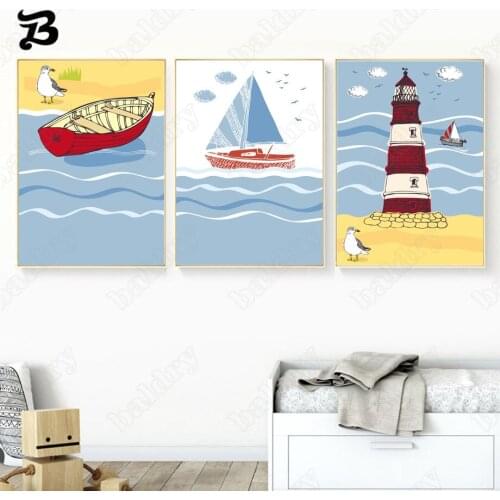 Canvas Painting Cartoon Seascape Seagull Sailboat Lighthouse Wall Art Comic Posters and Prints Wall Pictures for Kids Room Decor