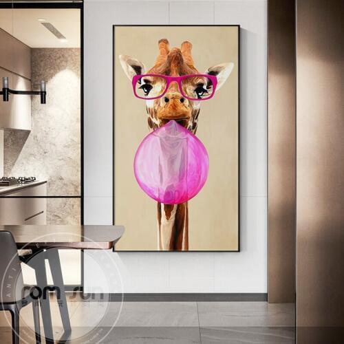 Nordic Cute Animal Canvas Painting Modern Pink Bubbles Classes Giraffe Wall Art for Living Room Poster n Print Home Decoration