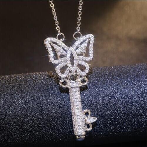 Fashion Butterfly Key Pendant Necklace Sweater Chain Womens With Zircon As Gift For Friends