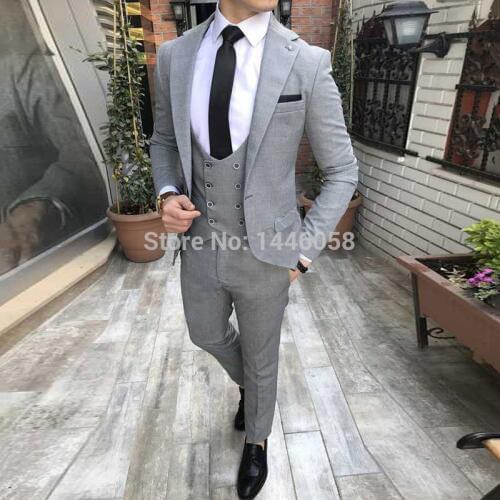 Men Wedding Suits 2018 Custom Made Slim Fit Groomsmen Notch Lapel Groom Tuxedos Light Grey Men Suits For Wedding Best Man Blazer