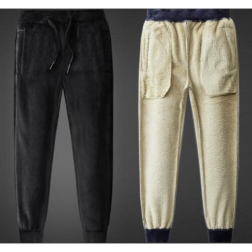 HOUZHOU Winter Warm Pants Men Black Grey Thick Trousers Male Classic Baggy Home Pants Plus Velvet Faux Fleece Cashmere 5XL