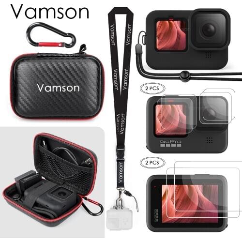 Vamson Accessories Kit for GoPro Hero 9 with Silicone Rubber Protective Case+Tempered Glass Screen Protector+Mini Case for Hero9