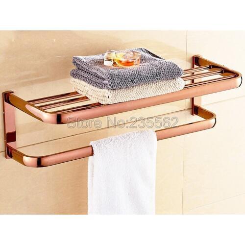 Rose Golden Brass Wall Mounted Bathroom Towel Rack Holders Shower Towel Rack Shelf Bar Rails Holder lba865