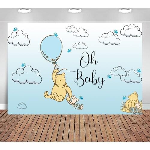 Sky Blue Clouds Balloon Bear Baby Shower Backdrop for Photo Studio Oh Baby Birthday Party Photography Backgrounds Custom