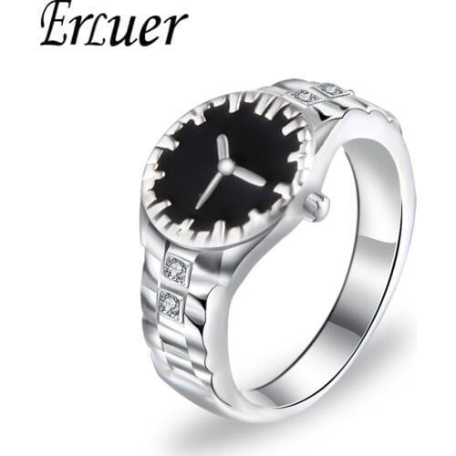 New Fashion Black Enamel Watch Shape Finger Rings For Women Men Zircon Crystal Silver Plated Jewelry Rings Party Brithday Gifts