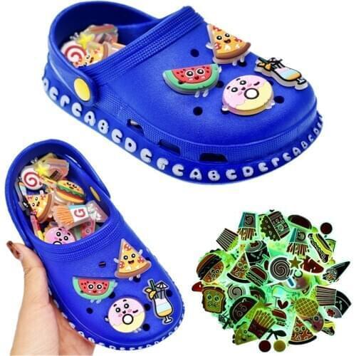 Original 10pcs Food Series PVC Shoe Charms Decoration Pizza Donut Shoes Accessories Glow in Dark fit croc JIBZ Party Kids Gifts