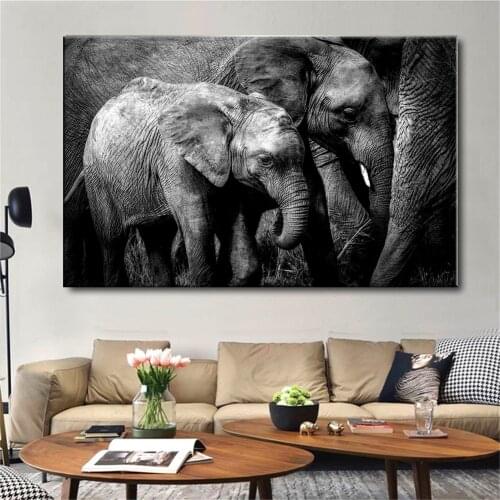 Black and White Animals Poster Print Wall Art Canvas Painting African Wild Elephant Family Picture on the Wall Home Decoration