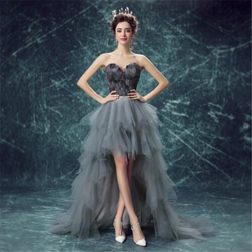 Sexy Ball Gown High Low Sweetheart Tulle Feathers Luxury Gray Black Evening Dresses Bride Banquet Party Prom Dress XK63