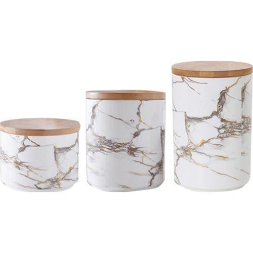 Chic Marble Pattern Storage Bottle Jar with Wood Cover Superior Minimalist Elegant Luxury Salt Sugar Storage Jar Home Organizer
