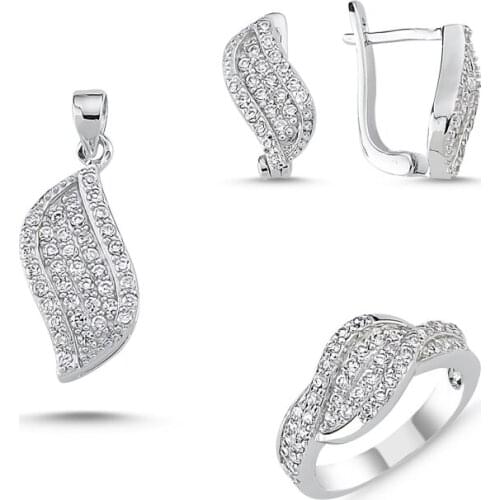 Silverlina Silver Zircon Stone Leaf Set: Ring, Earring, Pendant