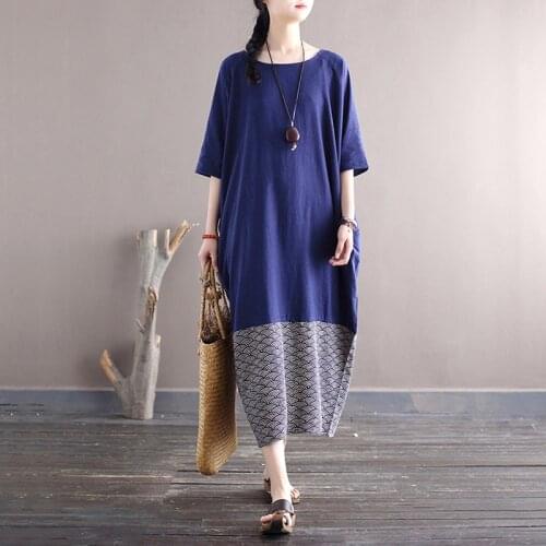 Johnature Women Vintage Cotton Linen Dresses O-Neck Half Sleeve Robes 2021 Summer Patchwork Color Chinese Style Blue Dresses
