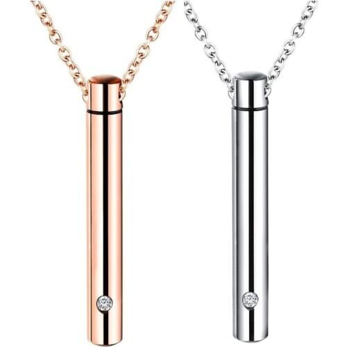 Womens Necklace Zirconia Cylinder Pendant Chain Stainless Steel Rose Gold Cremation Pet Ashes Urn Memorial Jewelry