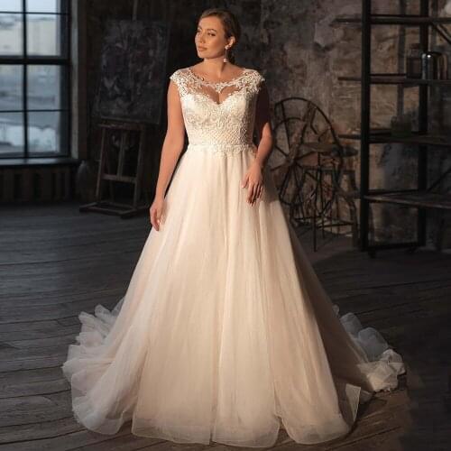 Womens Sweep Train Bridal Gown Elegant Cap Sleeve Scoop Neck Appliqued A Line Plus Size Wedding Dress Robe Mariee